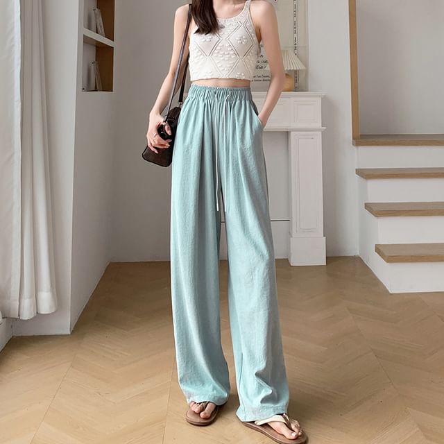 Drawstring Leg Wide Waist Pants Plain