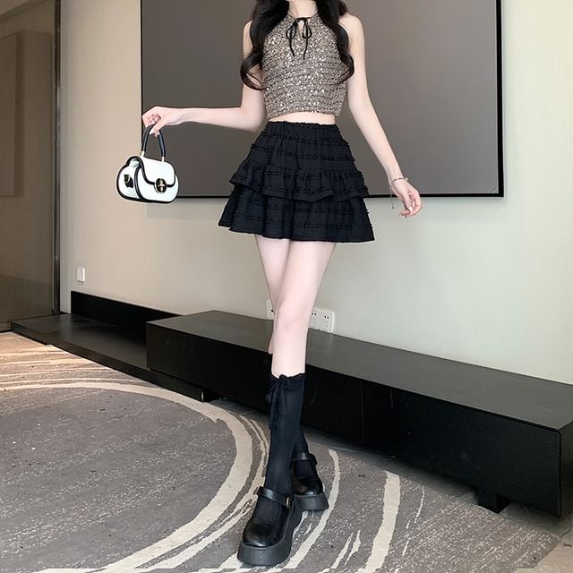 Tiered Balletcore Plain Skirt Mini Elastic Waist A-Line