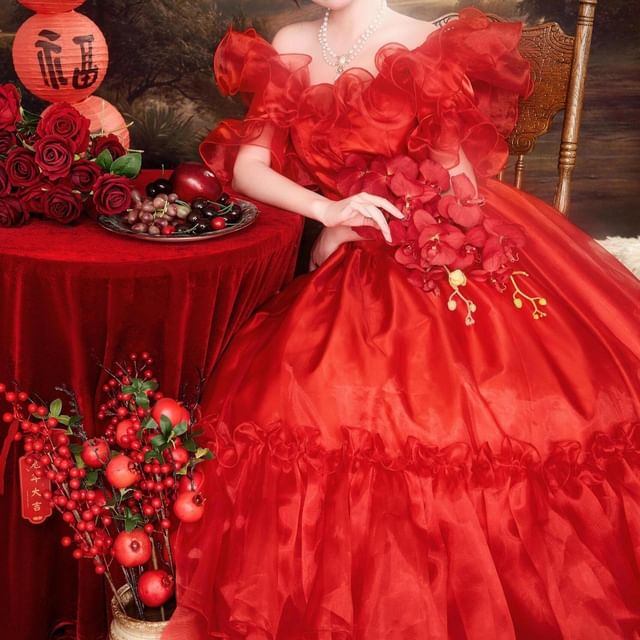 Gown Ruffled A-Line Evening Off-Shoulder