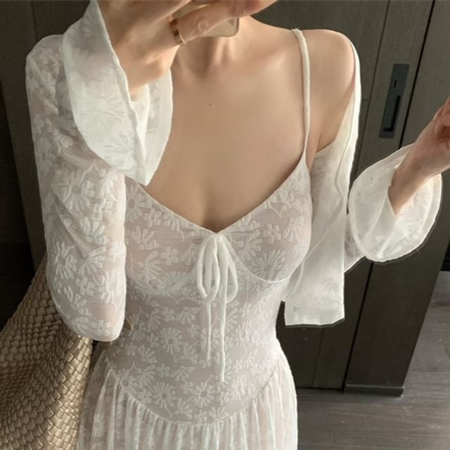 Maxi A-Line Floral Dress Jacquard Strap Bolero / Spaghetti