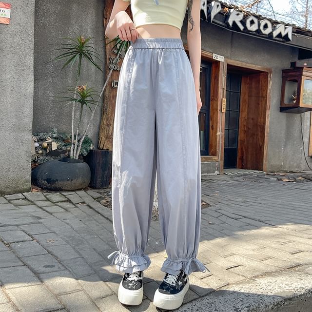 Harem Pants Cropped Elastic Bow Ruffle Trim Plain Waist