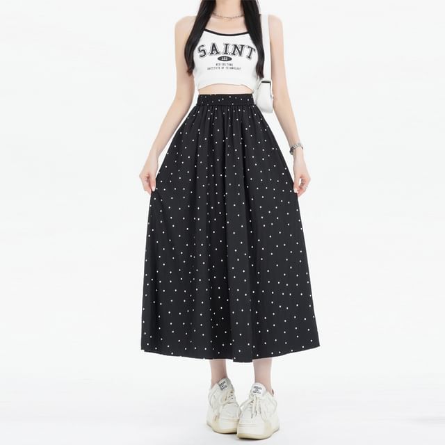 Dotted A-Line Midi Elastic Waist Skirt