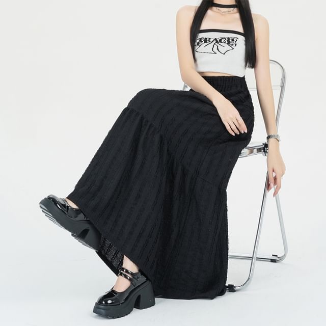 A-Line Plain Waist Elastic Tiered Skirt Midi