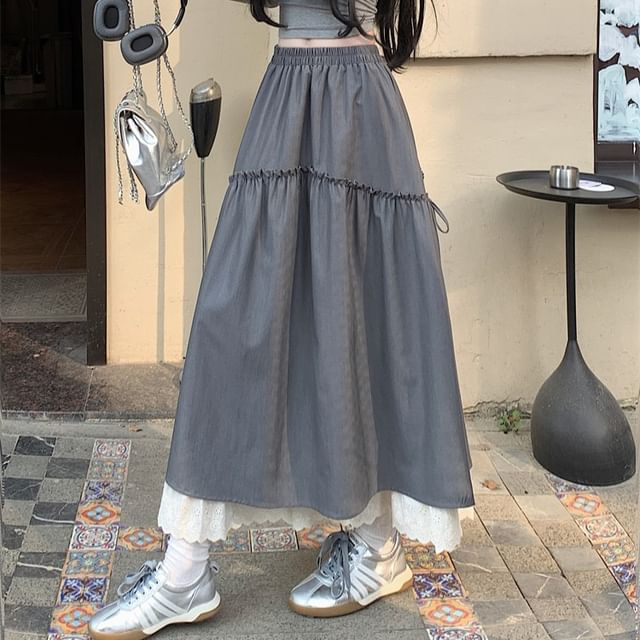 A-Line Skirt Lace Trim High Maxi Rise Plain