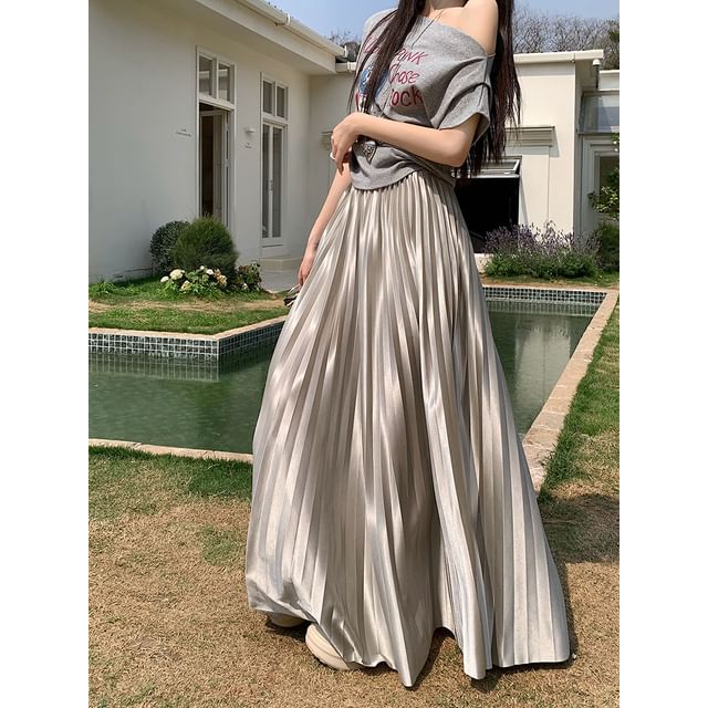 Pleated Accordion A-Line High Waist Maxi Plain Skirt