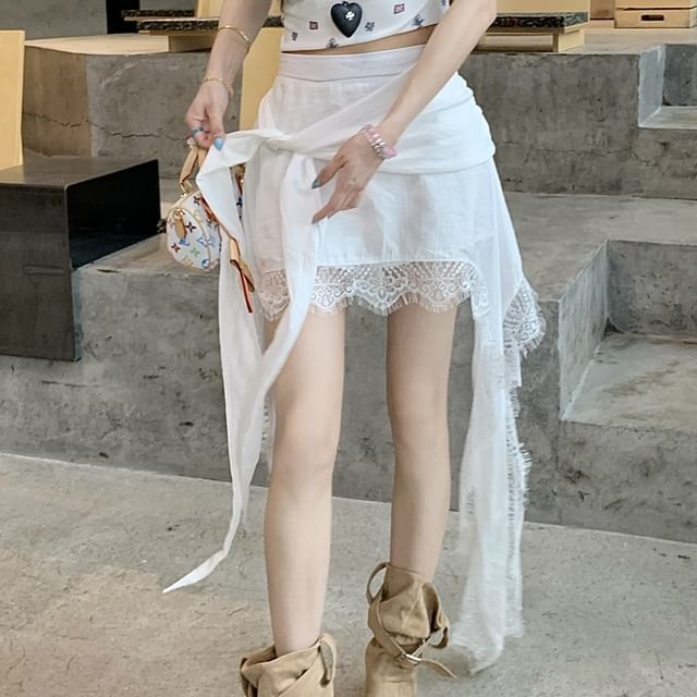 High Asymmetrical Wrap Plain Trim Lace Waist Skort
