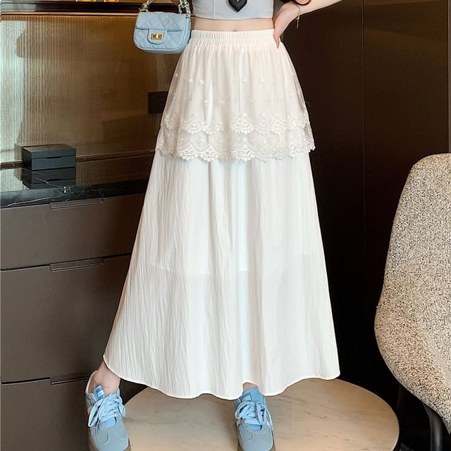 A-Line Skirt Lace Maxi High Rise Trim Plain