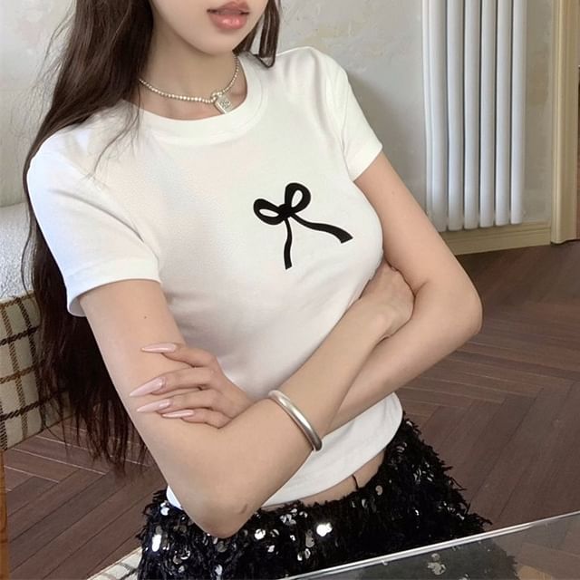 Cropped T-Shirt Print Round Bow Neck Short-Sleeve