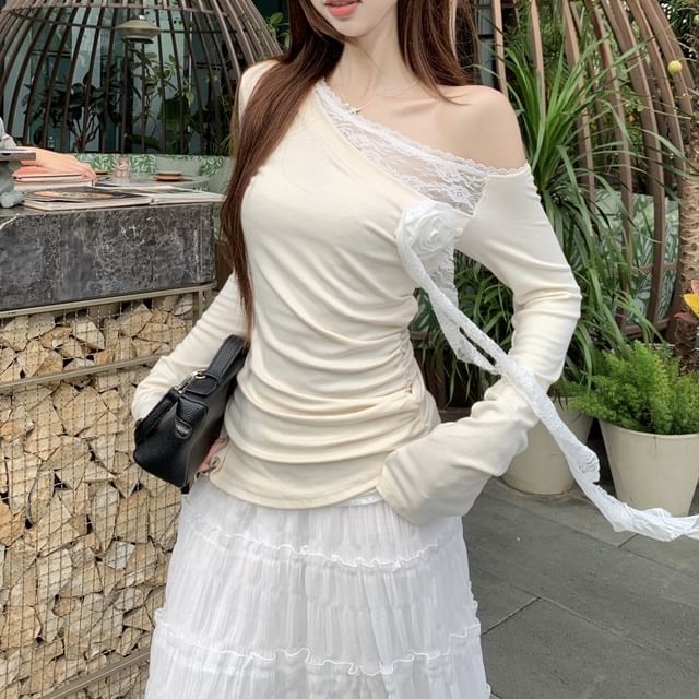 Skirt Maxi Lace A-Line / Trim High Long-Sleeve Rise One-Shoulder Ruched Tee Plain Asymmetrical