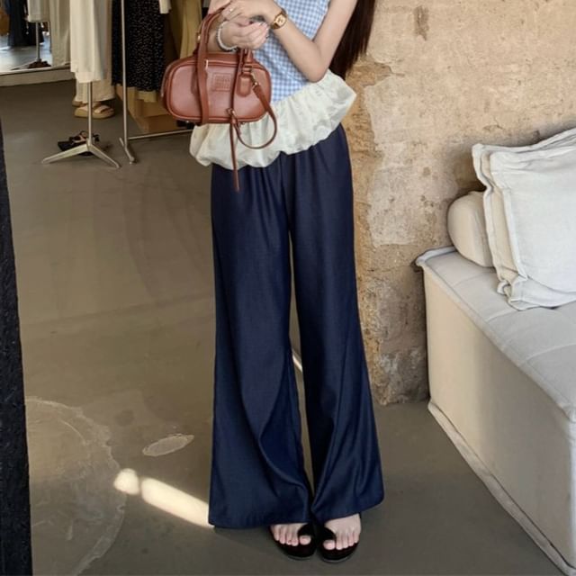 Wide High Plaid Asymmetrical / Leg Panel Washed Waist Cami Jeans Top