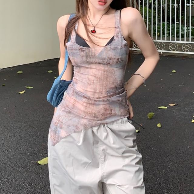 Sheer / Square Top Denim Plain Asymmetrical Tank Bra Neck Print