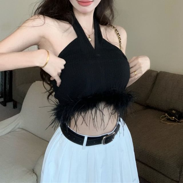 A-Line Pleated Plain Maxi High Waist Crop Feather / Trim Skirt Top Halter