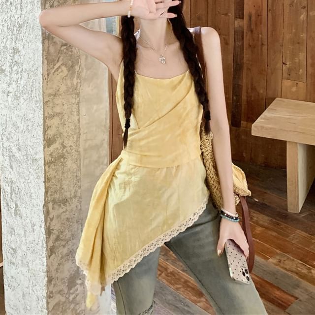 Asymmetrical Print Patterned Lace Top Camisole Trim