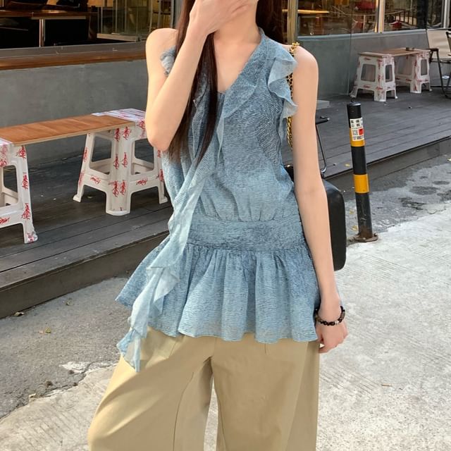 Plain Patterned Leg Waist Cargo Ruffle Top / High Halter Pants Print Wide