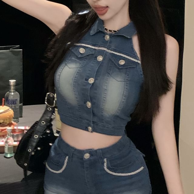 Crop Collared Button Pencil Skirt Waist High Vest Washed / Denim Mini