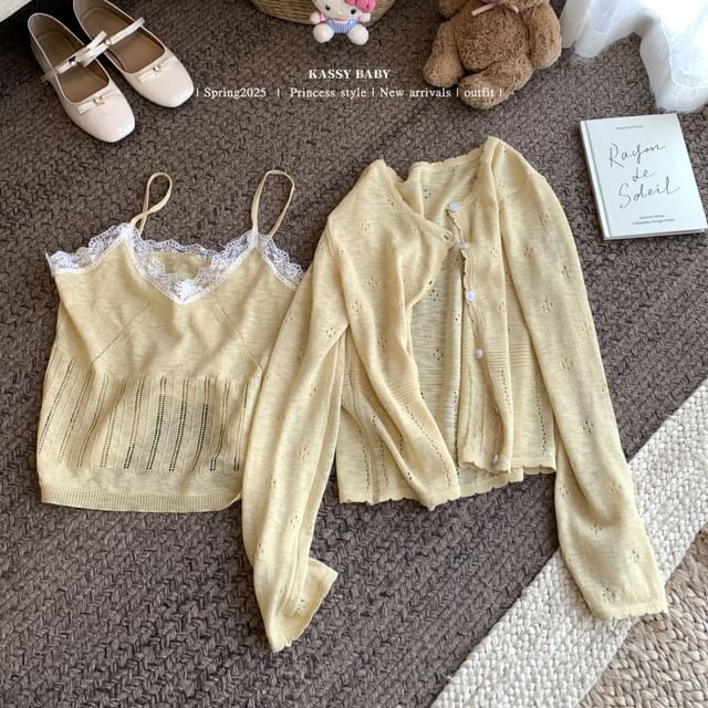 Neck + Round Plain Lace V-Neck Set: Trim Top Camisole Cardigan Knit