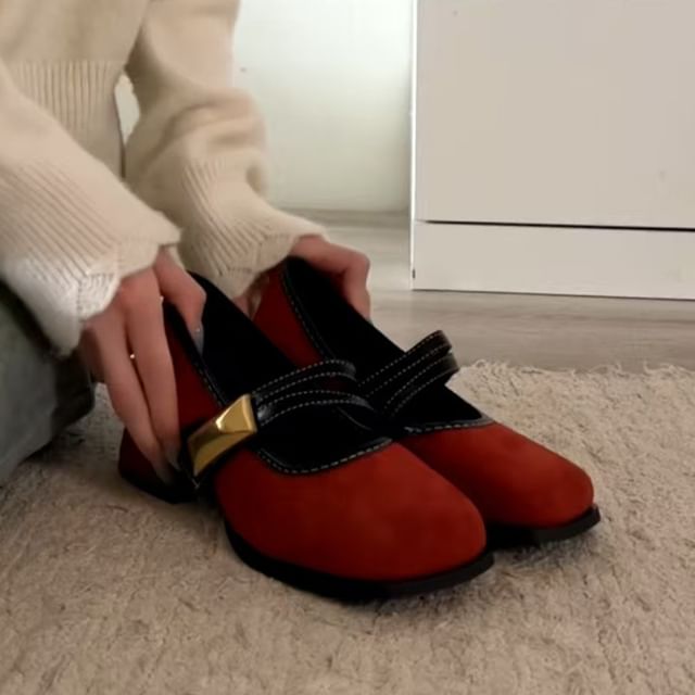 Metallic Jane Shoes Heel Buckle Mary Block