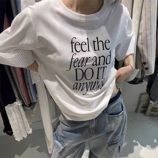 Short Round Sleeve Neck Striped Print Lettering Panel T-Shirt