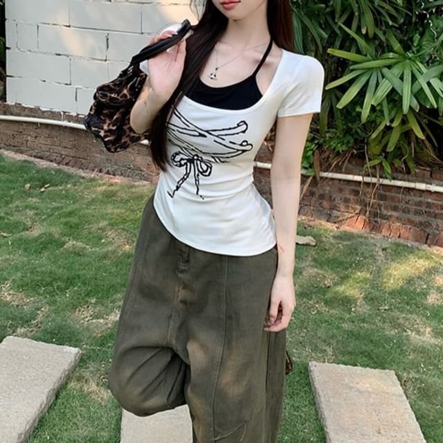 Patterned Short Print Two Sleeve Asymmetrical Tee Piece Mock