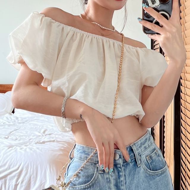 Plain Off Blouse Puff-Sleeve Crop Shoulder