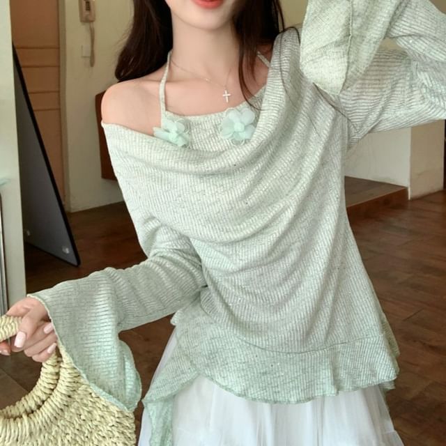 High Skirt Long-Sleeve Plain Rise Maxi Two-Piece A-Line Mock Top /