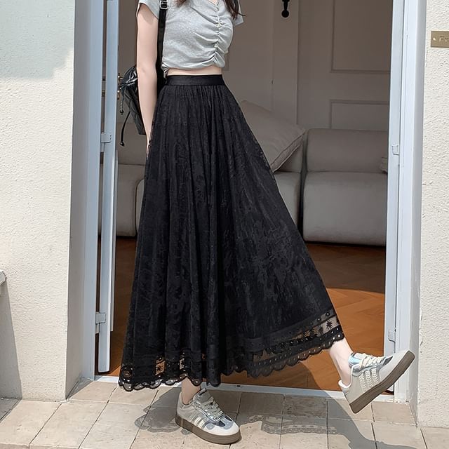 Lace Midi Skirt A-Line High Waist