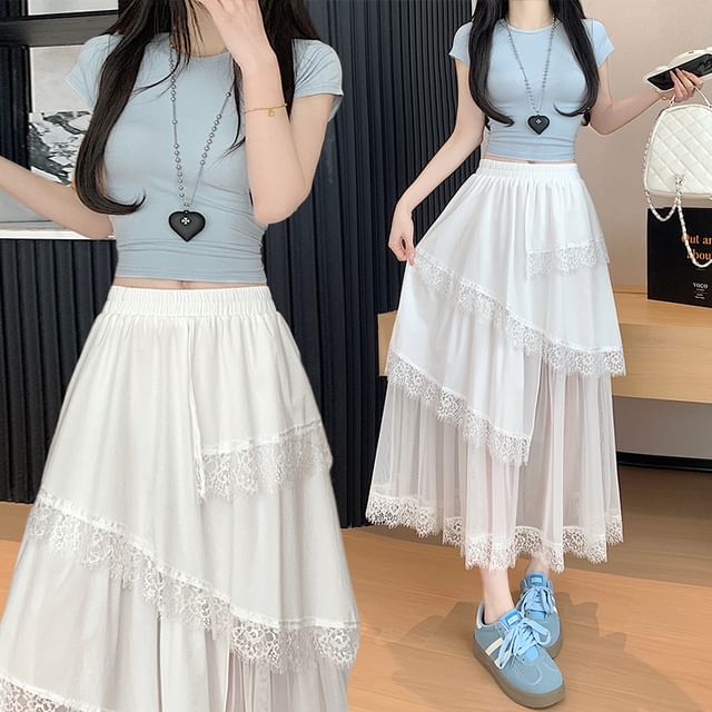 Midi Trim High Lace Skirt A-Line Asymmetrical Mesh Panel Waist