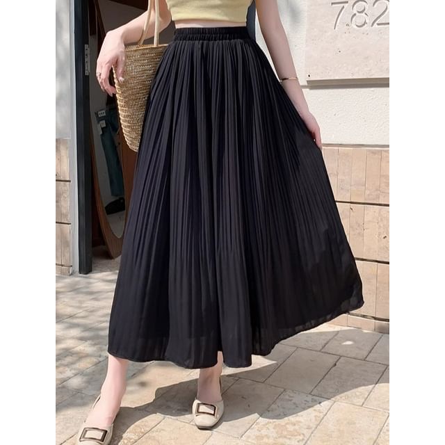 Rise Plain Pleated A-Line Midi Skirt High