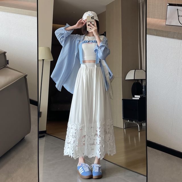 Waist Midi Lace High Skirt A-Line Plain Panel