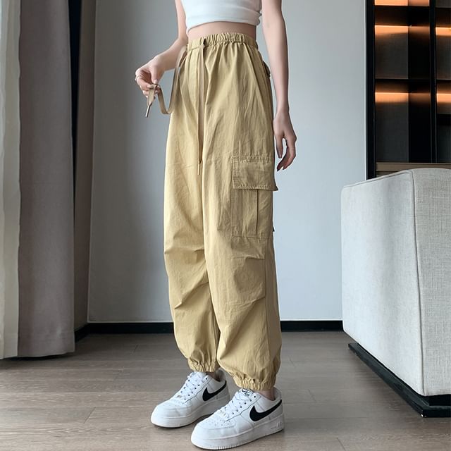 Cropped Drawstring Harem Plain Pants Waist Cargo