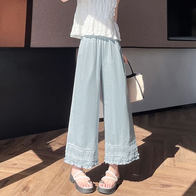 Wide Rise Cropped Trim Frill High Plain Pants Panel Leg Lace