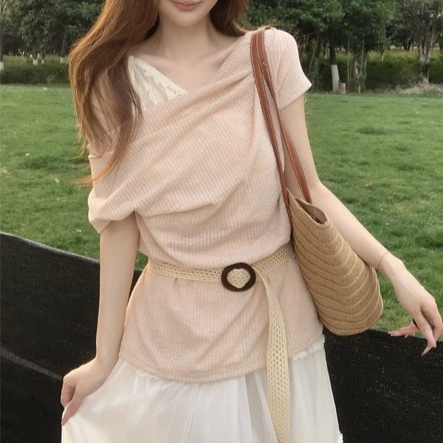 Short-Sleeve Plain Tee One-Shoulder