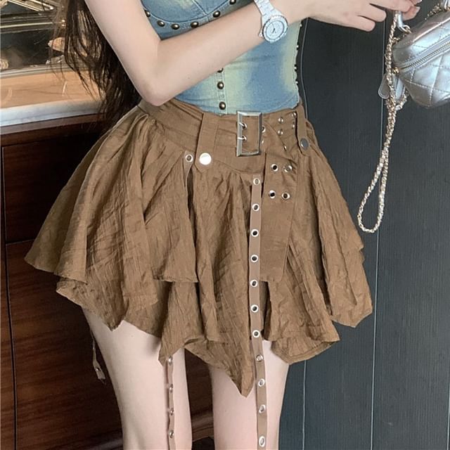 Denim Studded Skirt Washed Top Cami / Rise Asymmetrical Mini Plain A-Line High