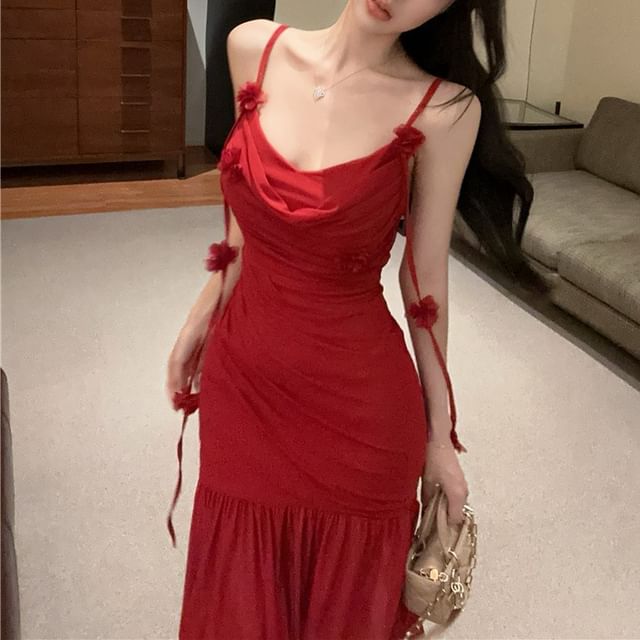 Mermaid Maxi Ruched Detail Dress Spaghetti Side-Slit Plain Strap Flower