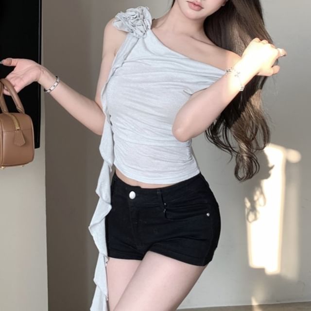 Crop One-Shoulder Shirred Plain Floral Top