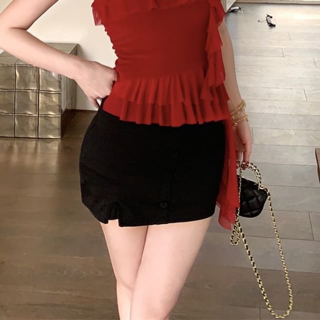 Ruffled Skirt Mini Top / High Floral Pencil Asymmetrical Cami Waist