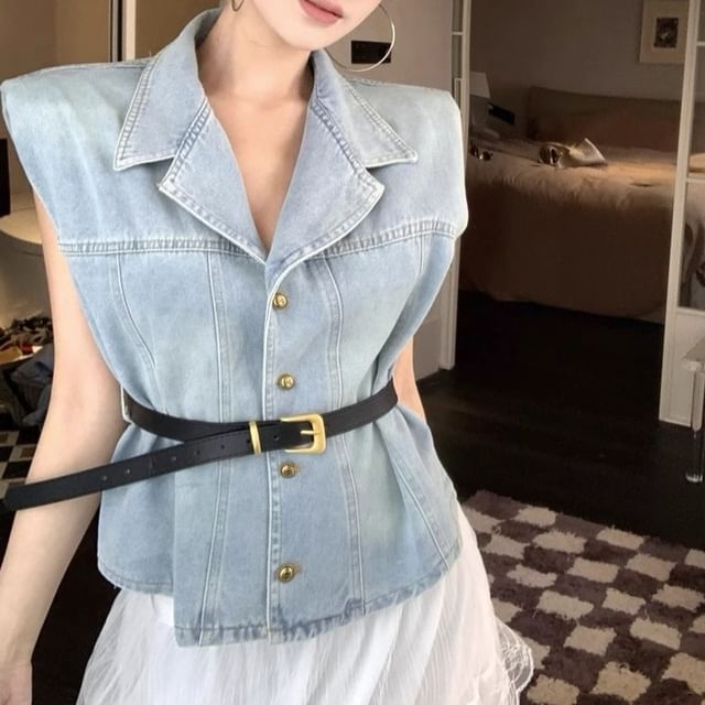 Rise Midi Lace Vest Washed / Button-Up A-Line Denim Skirt High Layered