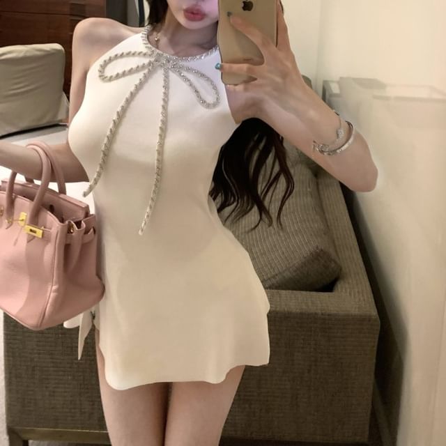 Mini A-Line Dress Rhinestone Bow Halter-Neck Slit