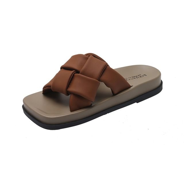 Sandals Faux Woven Leather Platform Square Toe