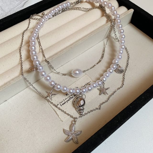 Pearl Necklace Pendant 3: Alloy Choker + Set Faux Starfish of