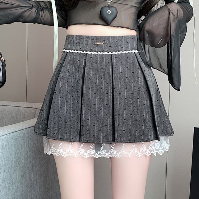 Skirt High Bow Lace Print A-Line Waist Heart Mini Panel
