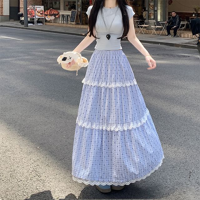 A-Line Maxi Elastic Plaid Tiered Lace Skirt Dotted Waist Trim