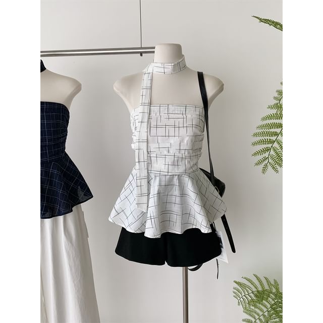 Tube Top Scarf + Skinny Peplum Plaid Set: