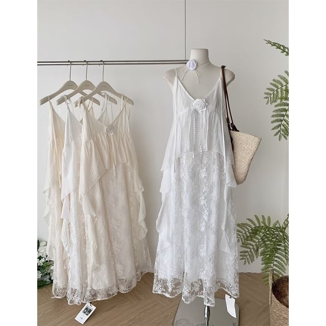 A-Line Spaghetti Maxi Lace V-Neck Strap Dress