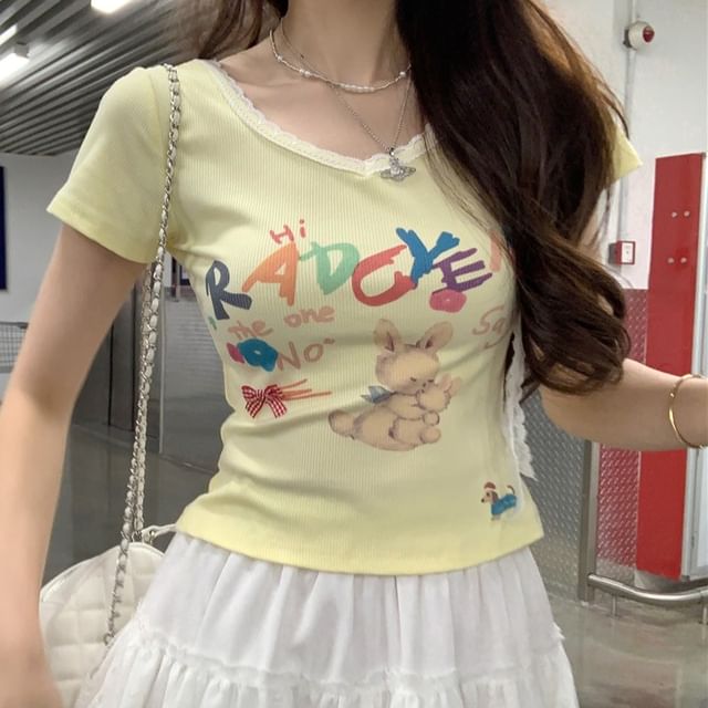 Crewneck Short-Sleeve Tee Print Crop Rabbit