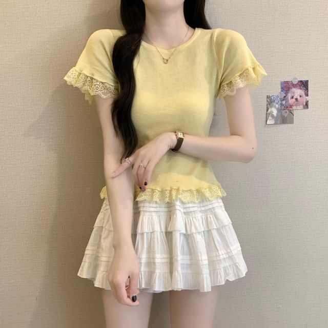 Trim Plain Tee Lace Short-Sleeve Crewneck