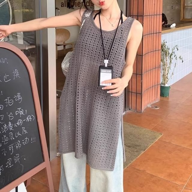 Slit Plain Top Hem Sleeveless Knit