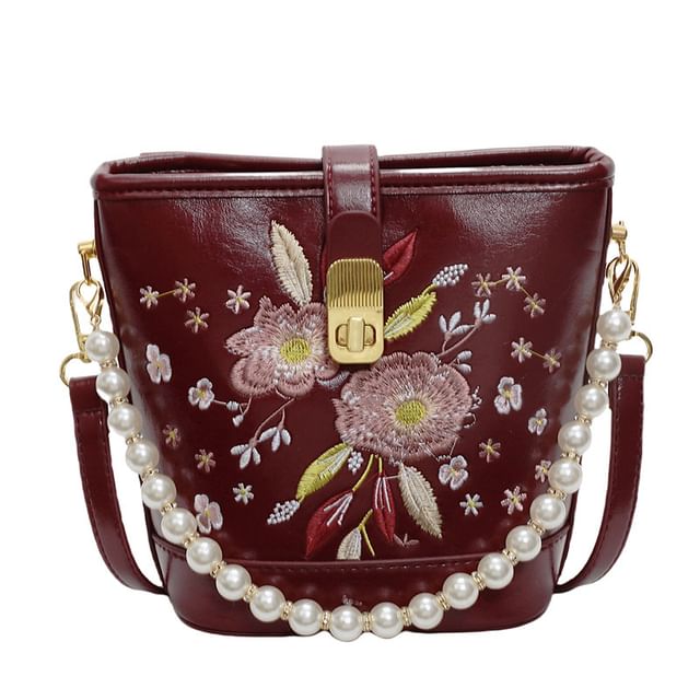 Pearl Bucket Embroidered Bag Strap Floral Faux
