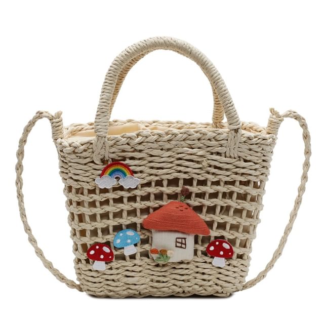 Applique Handle Crossbody Straw Mushroom Bag Top