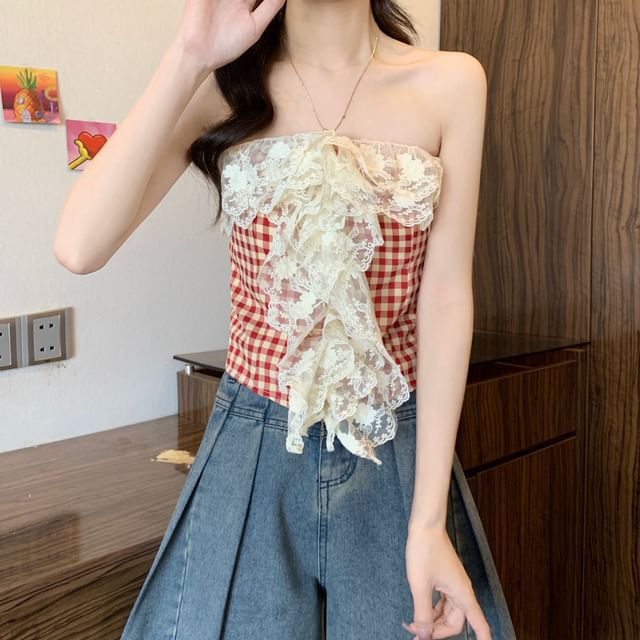 Panel Top Lace Tube Crop Gingham